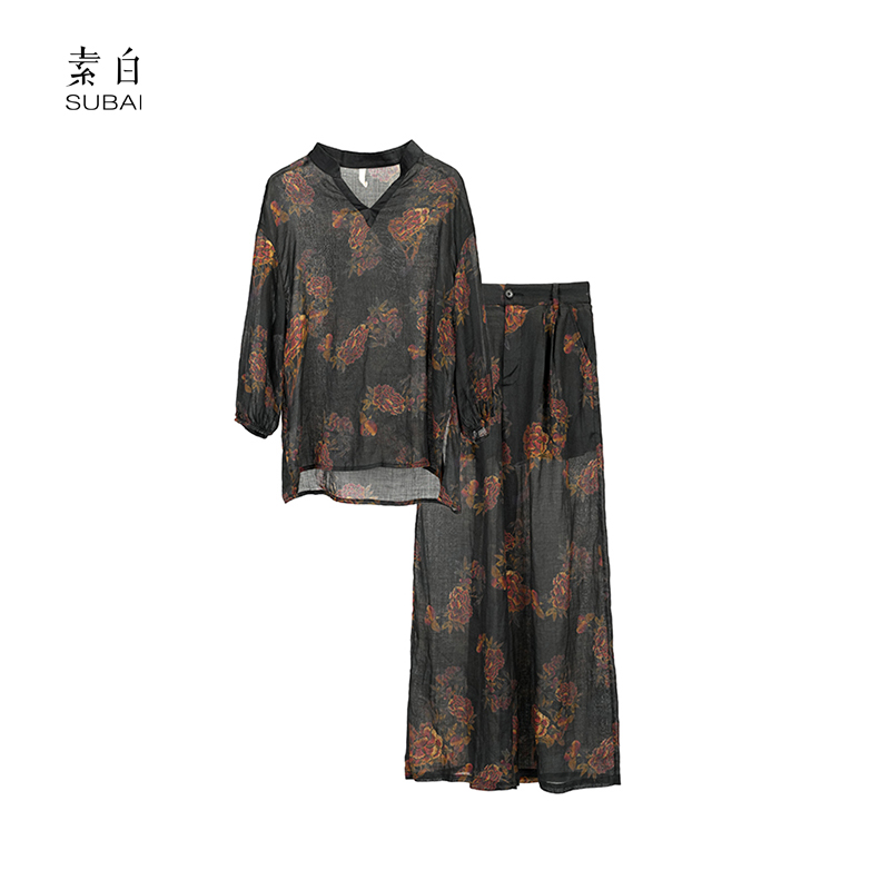 素白老钱风【慕中人】M01520高级感苎麻套装复古超薄印花套装