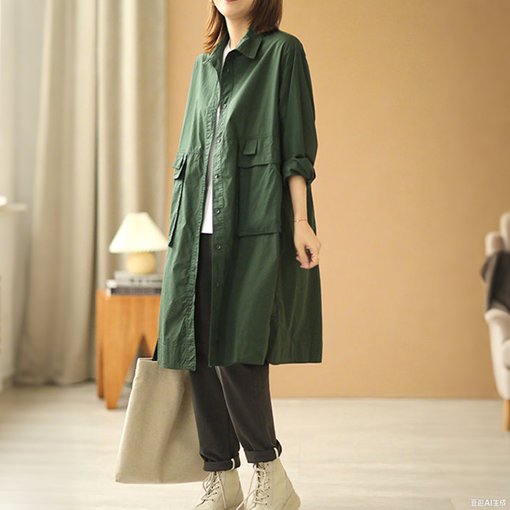 纯棉polo领宽松长袖拼接口袋减龄休闲百搭工装风衣秋季中长款外衣