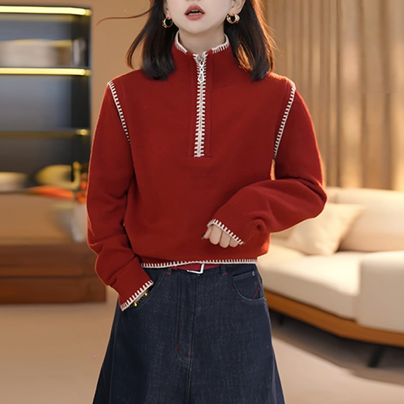 红色撞色高领长袖针织衫女秋冬2025新款洋气慵懒显瘦毛衣内搭上衣