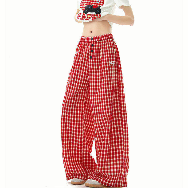 红色格纹阔腿休闲裤2025夏季新款宽松显瘦美式直筒时尚格子裤男