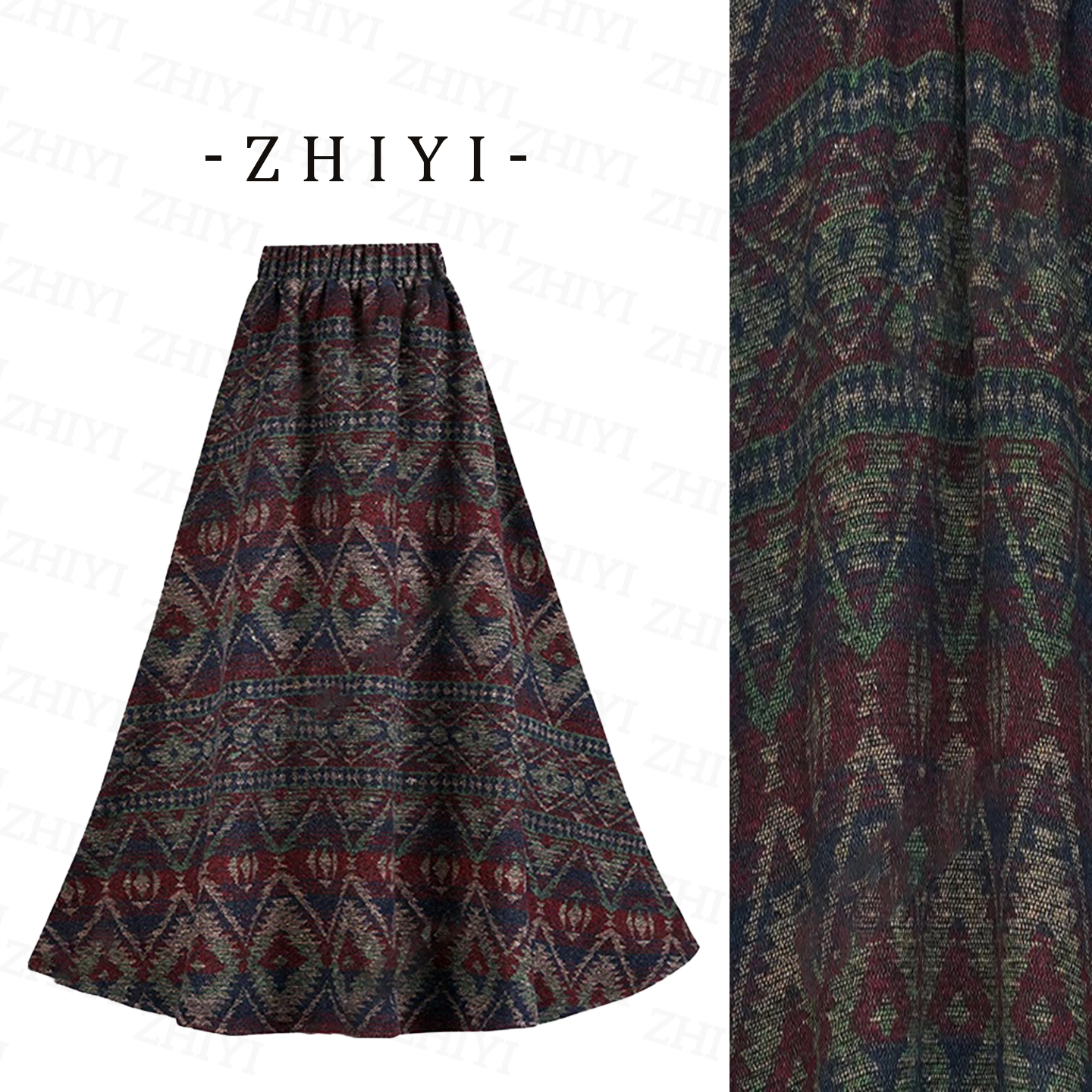【二个裙长+羊毛呢】新中式民族印花双侧口袋时尚休闲秋冬A字大摆裙