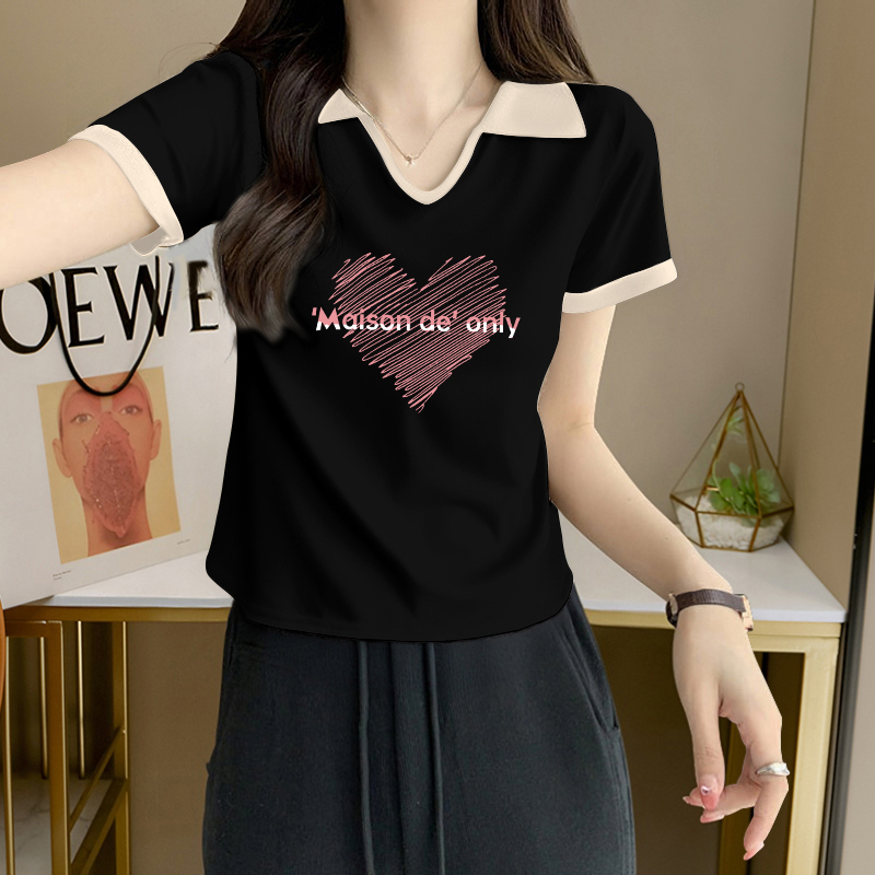 大码胖mm设计感撞色翻领短袖T恤女士夏季纯欲风辣妹修身显瘦上衣