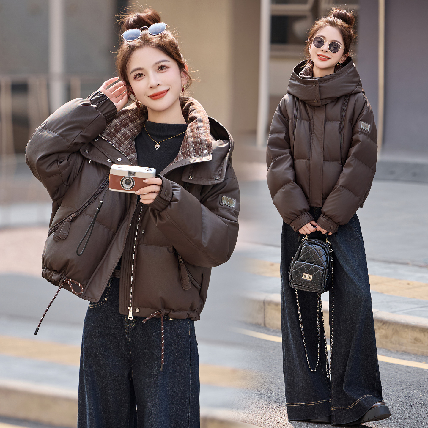 韩系格子拼接连帽PU衣羽绒服女2025冬季新款设计感宽松白鸭绒外套