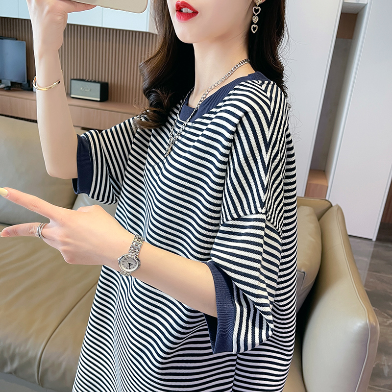 女装条纹短袖t恤女夏装2025新款中长款韩版宽松百搭韩版日系潮ins