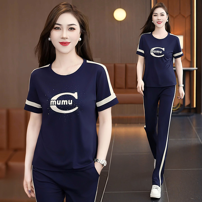 冰丝运动服套装女2025夏季新款洋气显瘦圆领短袖休闲直筒裤两件套