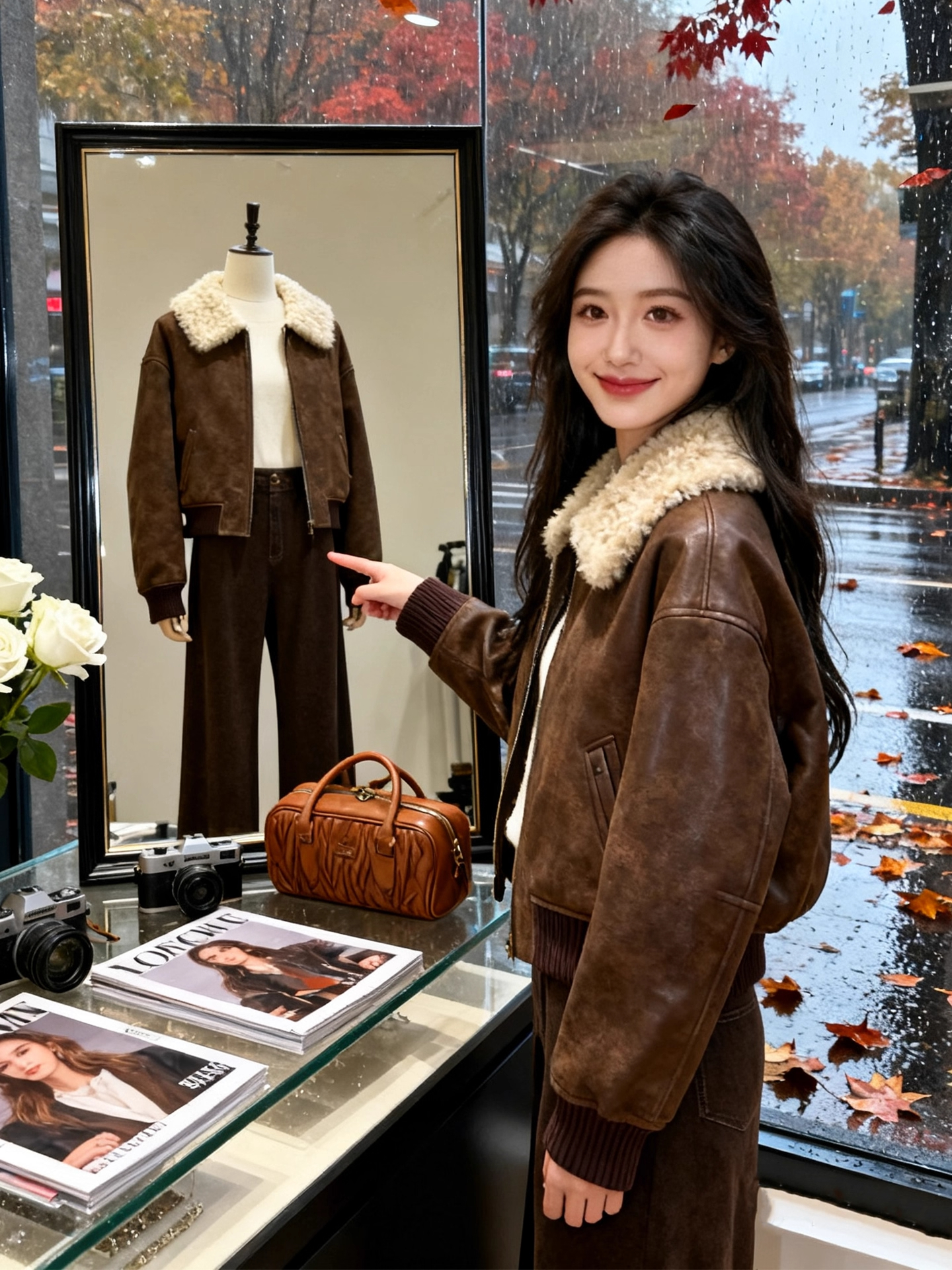 咖色羊羔毛领皮衣外套女复古加绒短款皮夹克韩系显瘦百搭秋冬穿搭