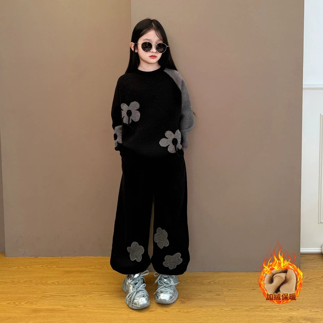 女童2025新款花朵韩版宽松休闲保暖毛衣加绒休闲阔腿裤套装新品潮