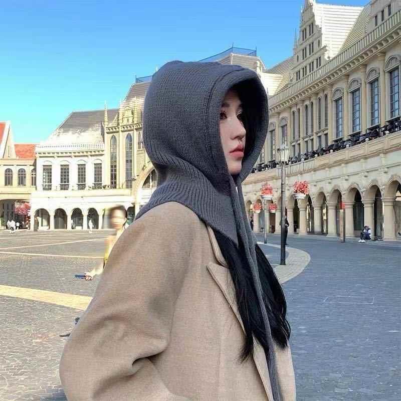 衣服上配的假帽子领连帽女秋冬季帽子围脖一体护耳毛线 线针织帽