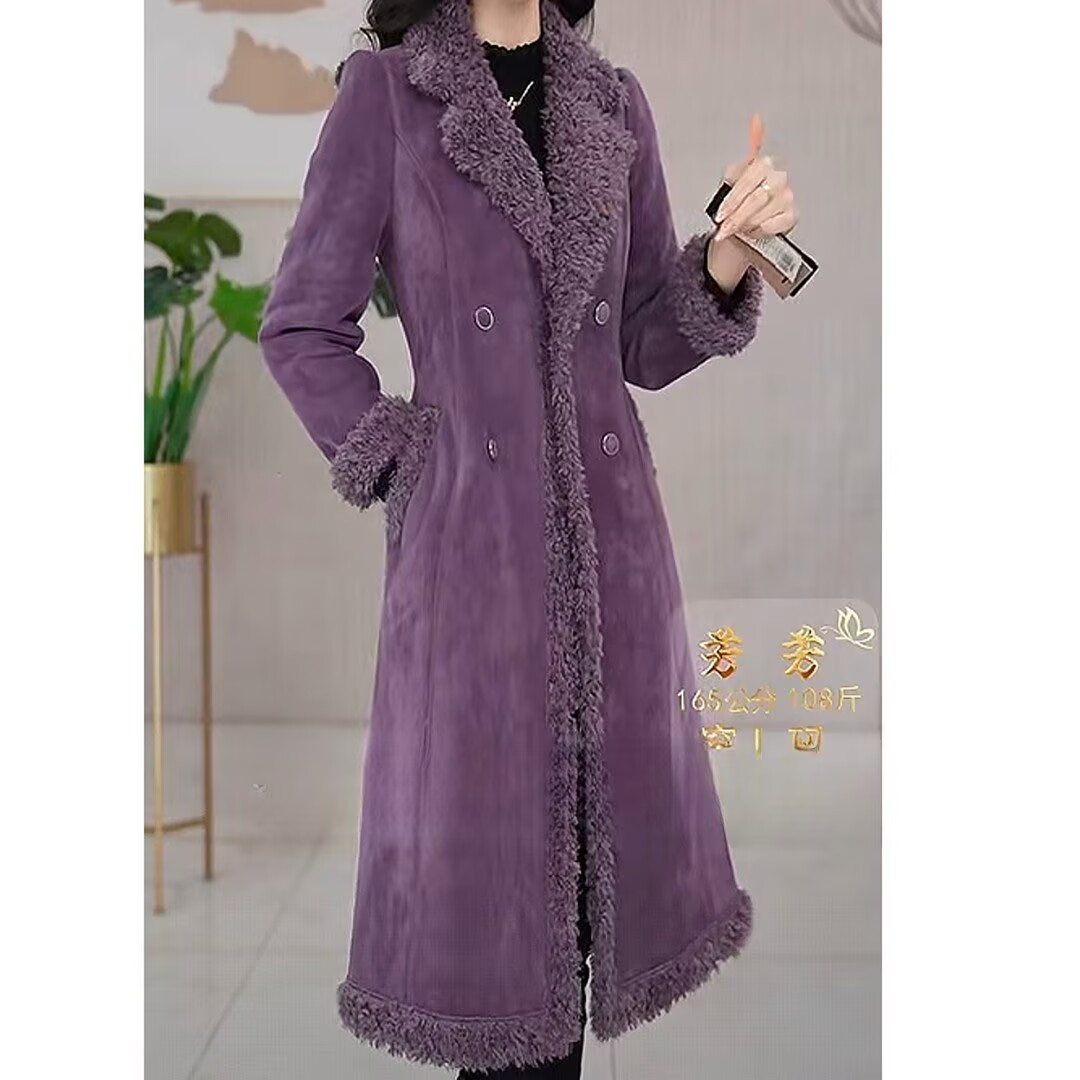 加绒加厚磨砂植绒皮2025冬季新款时尚中长款修身保暖毛呢大衣外套