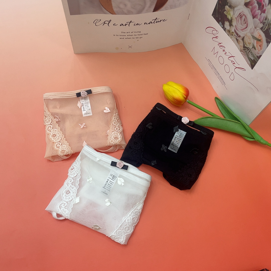 时尚网纱蕾丝刺绣花朵提花舒适透气女士小裤 2条