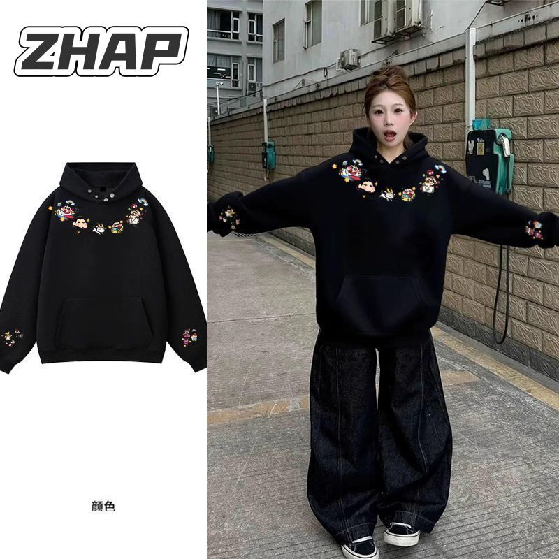 【ZHAP】重磅纽扣连帽卫衣女秋冬款蜡笔小新印花加绒加厚欧美风上衣