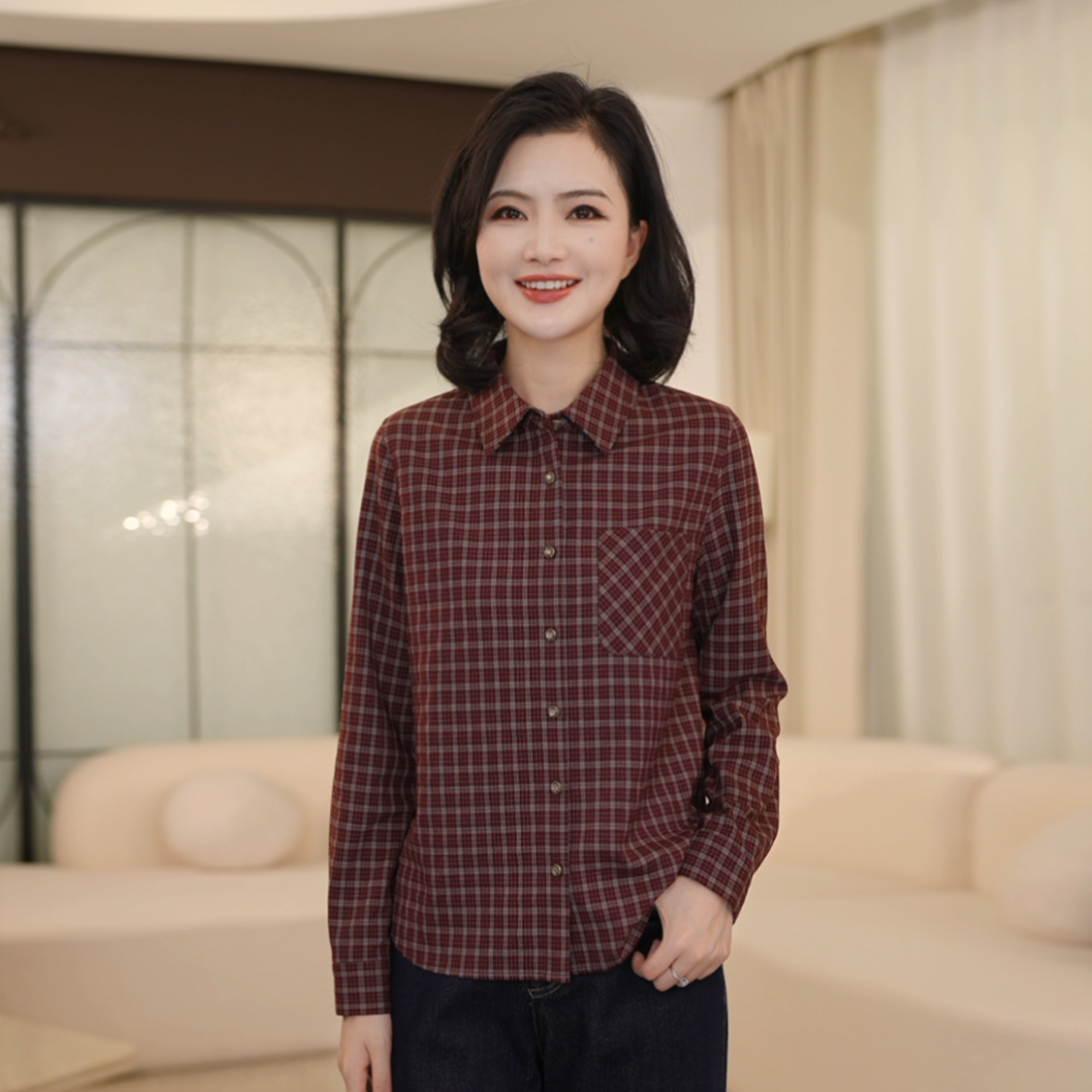 枫竺阿楠anan英伦风红色格纹翻领口袋单排扣长袖衬衫女秋季上衣