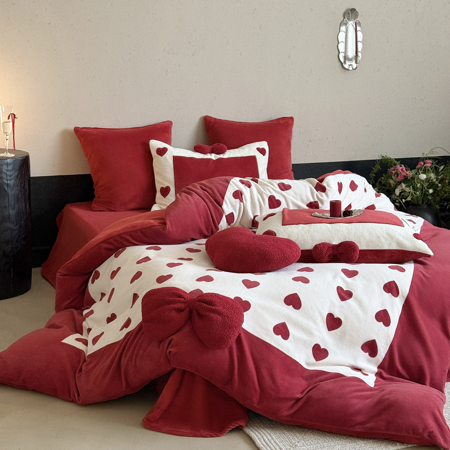 少女心婚庆牛奶绒四件套立体蝴蝶结爱心印花结婚被套1.8m床上用品