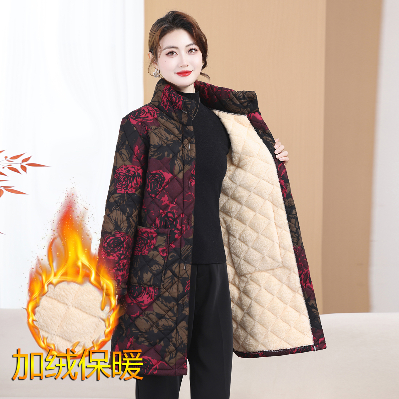 气质妈妈装复古印花中长款保暖女装棉服冬季立领加绒棉袄外套