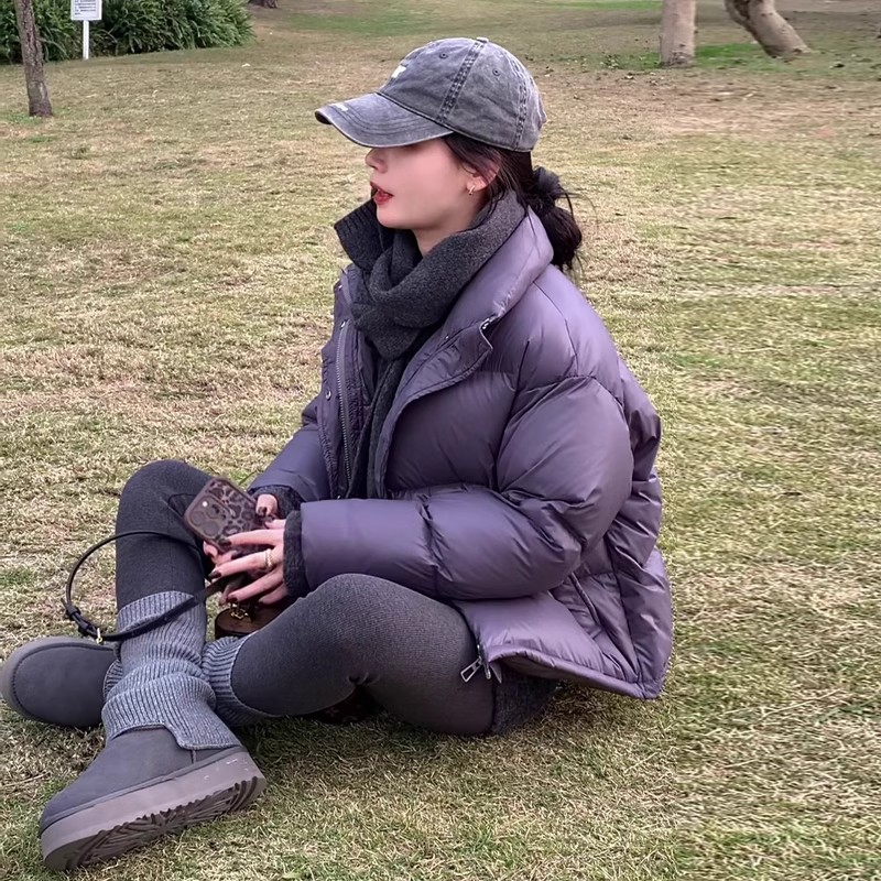 灰色短款羽绒服女小个子2025冬季新韩版加厚宽松白鸭绒面包服外套