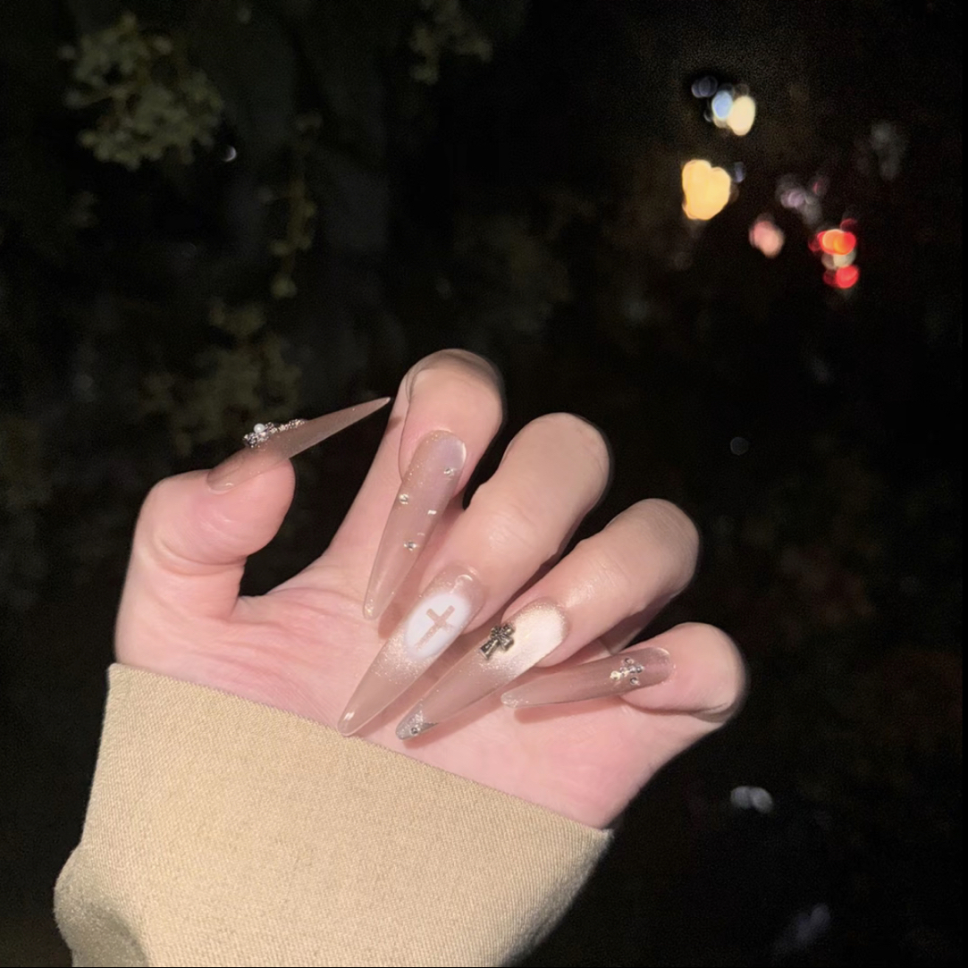 【银色山泉】二表哥新款纯手工裸色猫眼长款带钻美甲贴显白穿戴甲