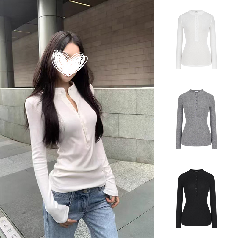 Moses Queen/魔西女王单排扣抓毛保暖长袖T恤亨利领修身显瘦上衣