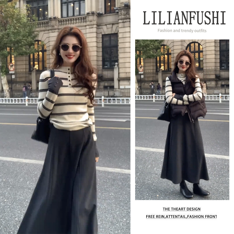 2025秋冬新款百搭马甲棉服外套条纹长袖针织衫高腰半身裙三件套女