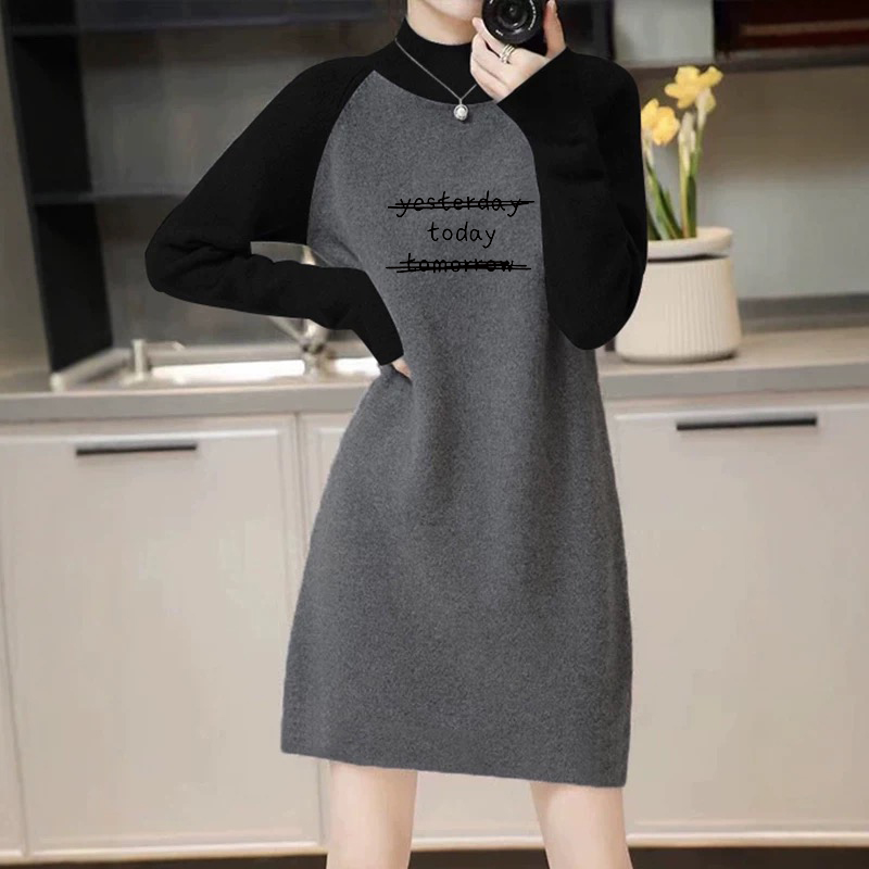 双面德绒厚款保暖半高领拼接撞色插肩袖宽松显瘦中长款女装长袖