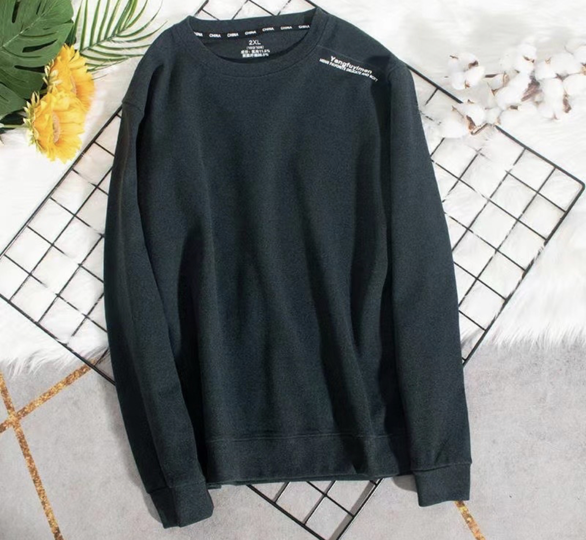 男款加绒春秋纯色卫衣上衣秋冬保暖宽松圆领长袖黑色休闲套头百搭