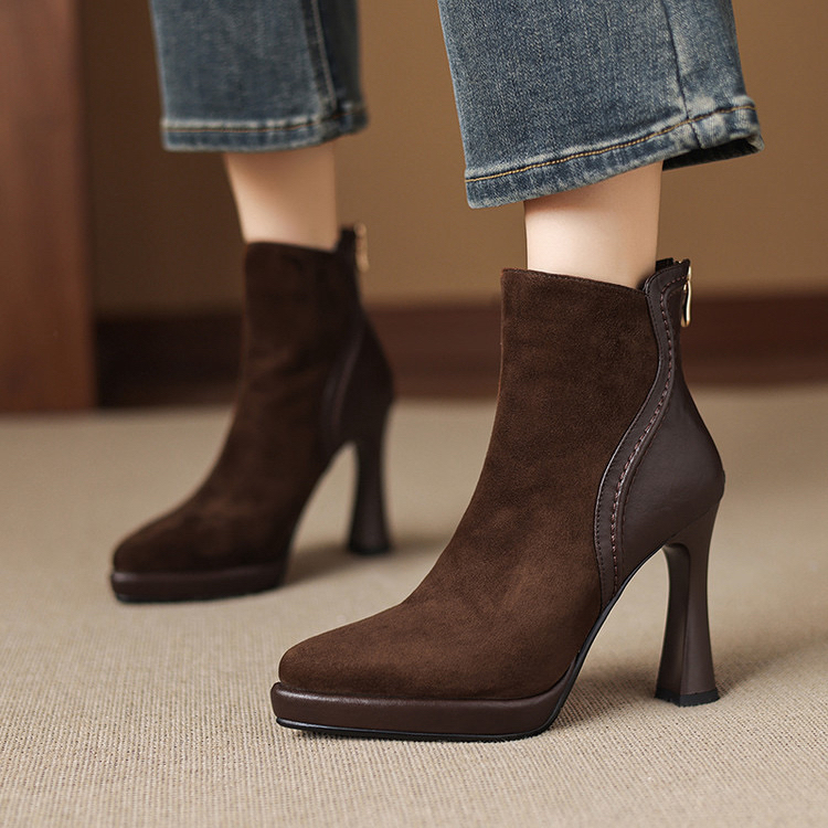 羊 跟高10cm 34-39棕色真皮防水台粗跟短靴女秋冬百搭高跟裸靴