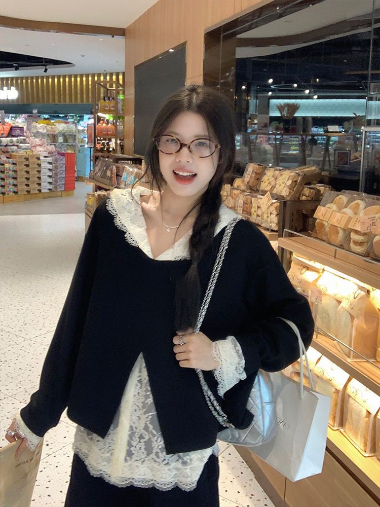 胖mm特大码300斤连帽开叉慵懒风卫衣套装女蕾丝打底衫长裤三件套2