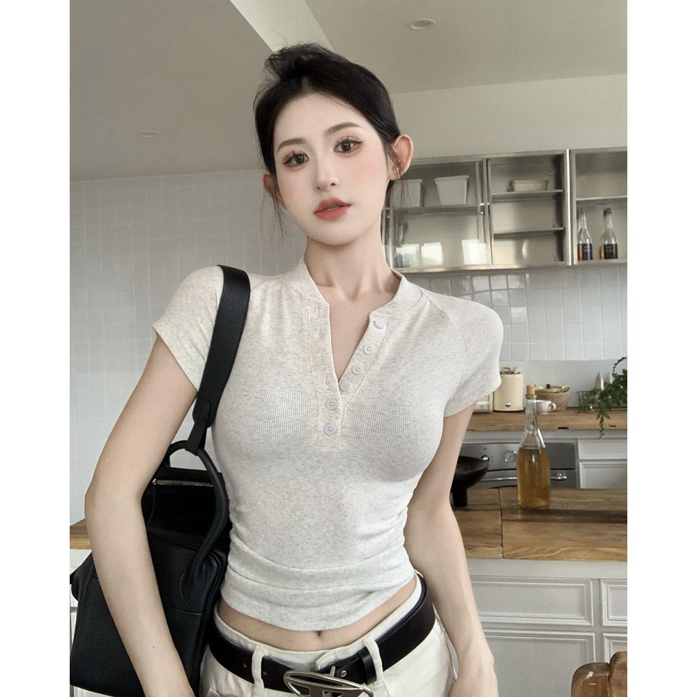 梦优莱美式辣妹风半开领短款上衣夏季新款独特别致修身短袖T恤女