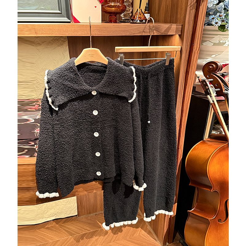 米诗缇【半边绒娃娃领黑色】小众潮牌设计可外穿长袖长裤睡衣家居服