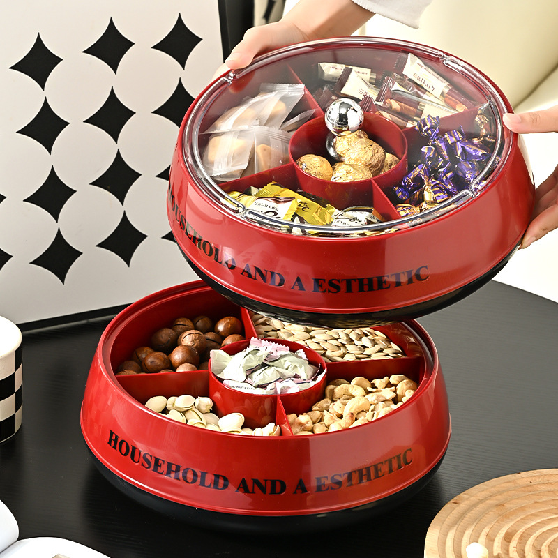 中古红色旋转干果盒家用高档乔迁过年分格果盘客厅零食瓜子摆放盘