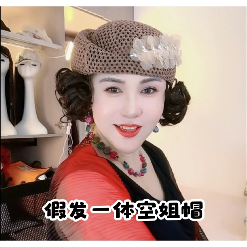 假发一体夏季镂空串花空姐帽女帽时尚韩版甜美优雅贝雷帽网红帽子