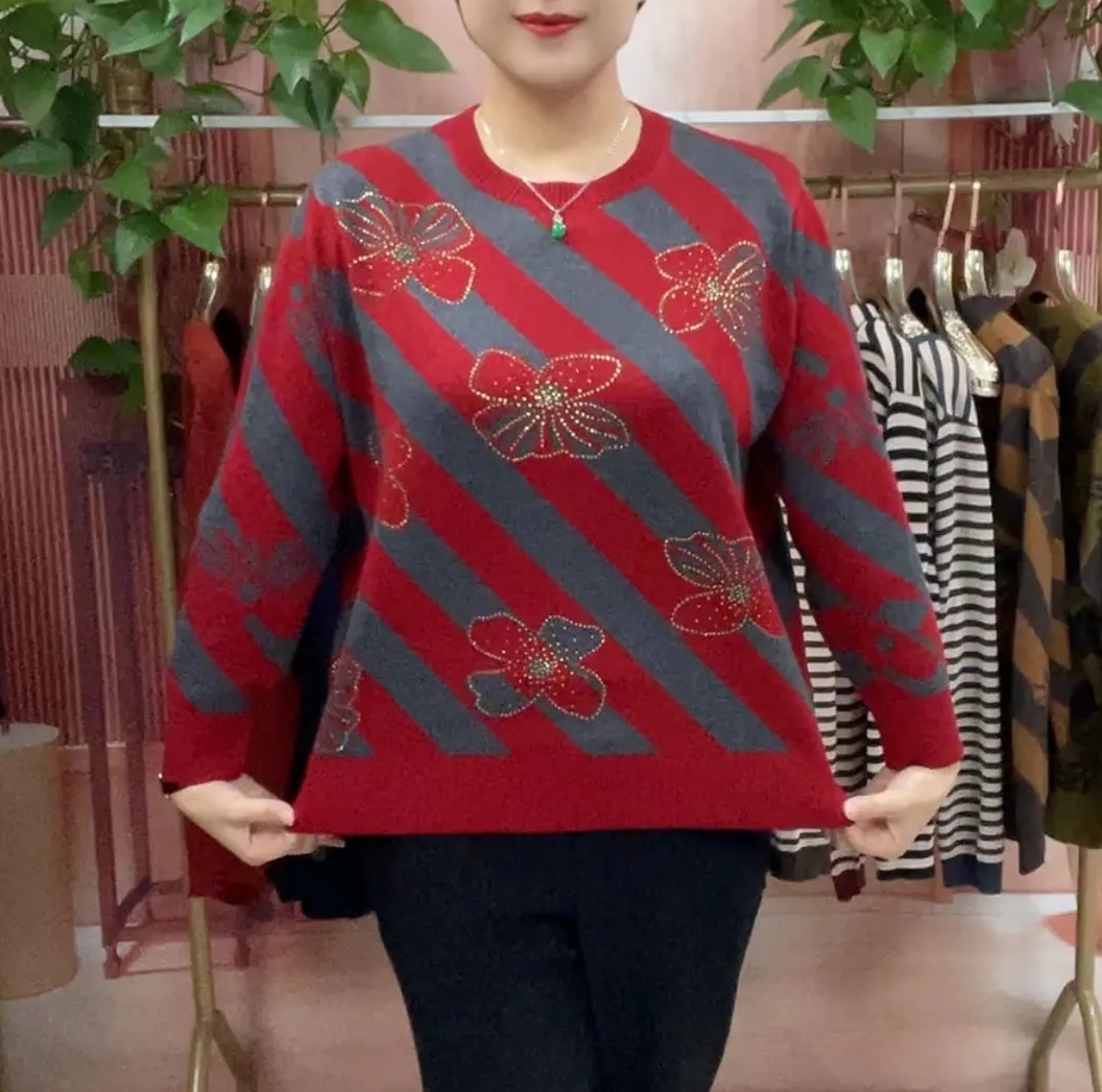 冬季打底衫印花中老年妈妈装时尚百搭长袖圆领条纹毛针织衫打底衫