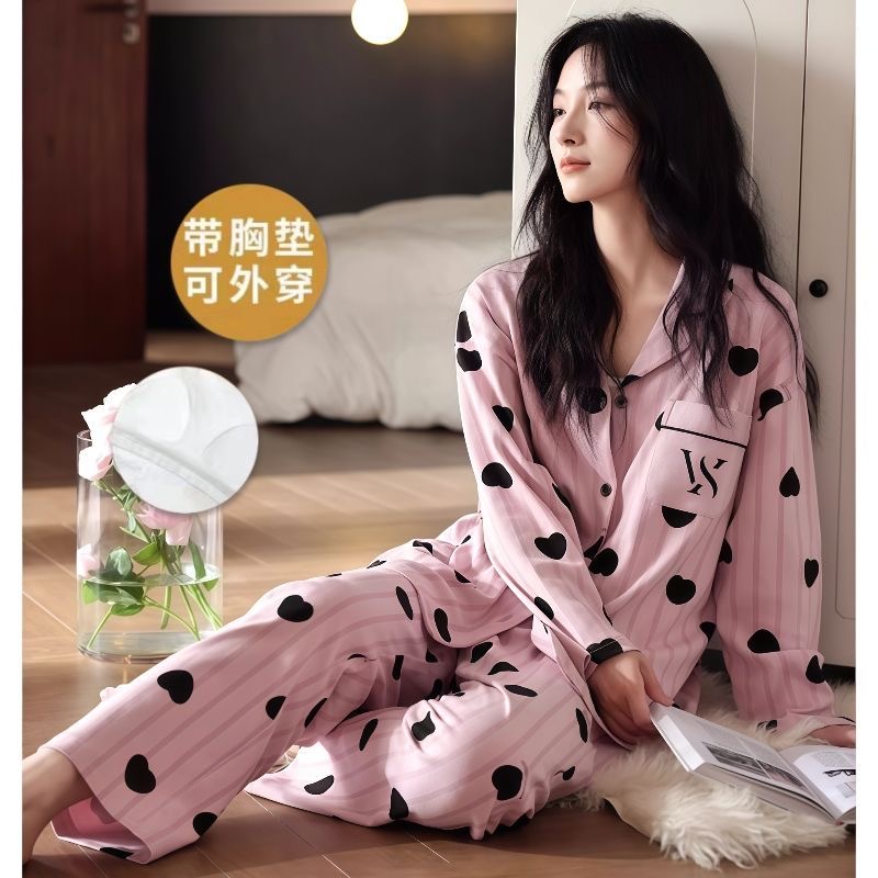 2025新款开衫睡衣女款甜美带胸垫大码长袖宽松一体春秋冬季防凸点