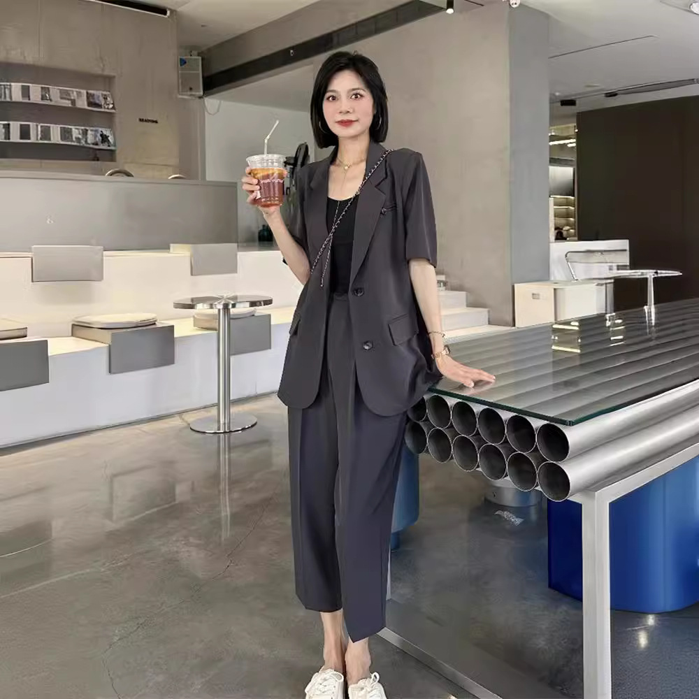 夏季新款大码女装西装外套女韩版胖mm薄款休闲短袖西服九分裤套装