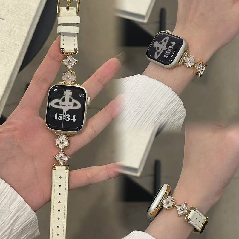 适用Apple苹果iwatchS10987654千金风鎏金皮质金属轻奢手链手表带