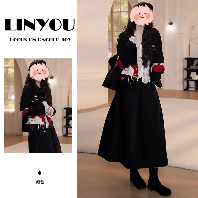设计感时尚套装女2025春秋针织开衫外套女长袖蕾丝衫半身裙三件套
