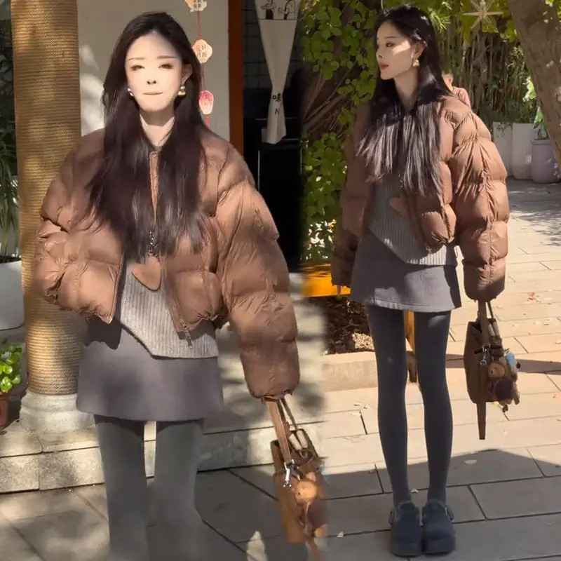 时尚棉服短外套女2025冬季新款洋气宽松显瘦圆领加厚短款棉袄