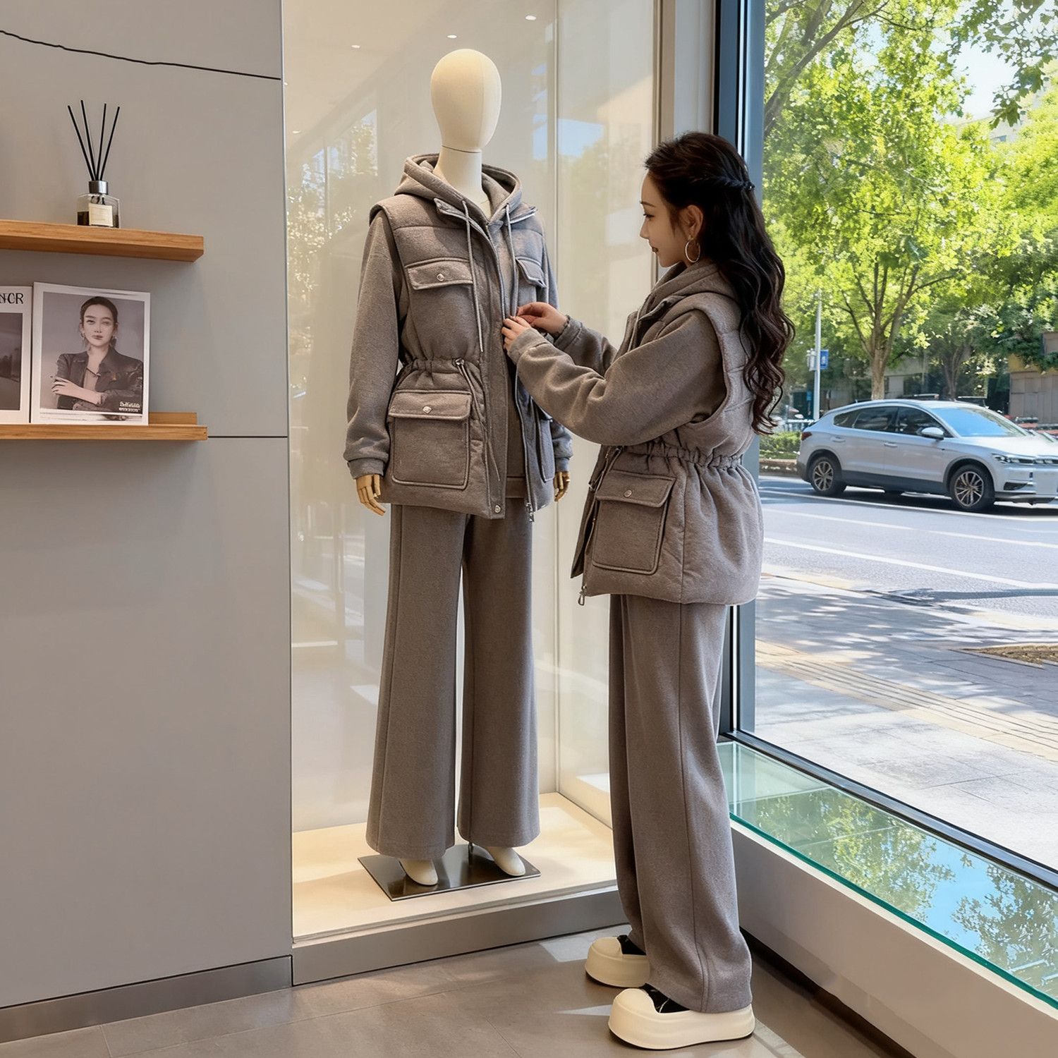 欧货减龄连帽加绒卫衣外套搭配棉马甲高腰阔腿裤三件套女2025秋冬