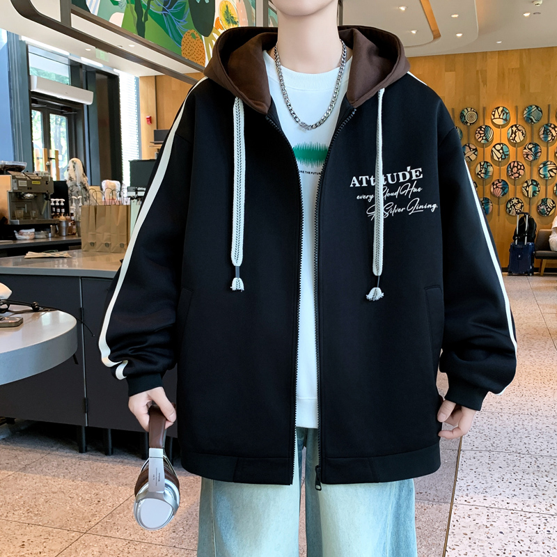 2025秋季新款青少年连帽开衫夹克潮牌字母印花宽松有型百搭外套