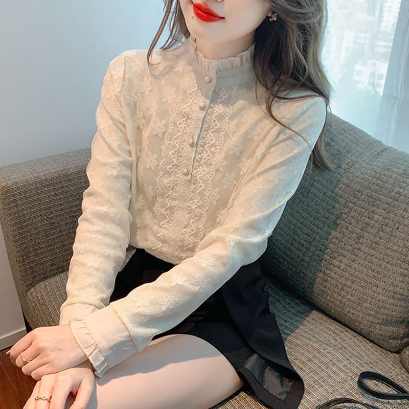 立领蕾丝2025新款春秋款百搭衬衫女装洋气内搭打底衫上衣