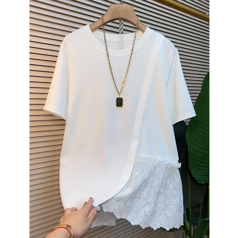 胖mm240斤大码不规则设计感侧拼接蕾丝短袖上衣女夏季宽松显瘦T恤