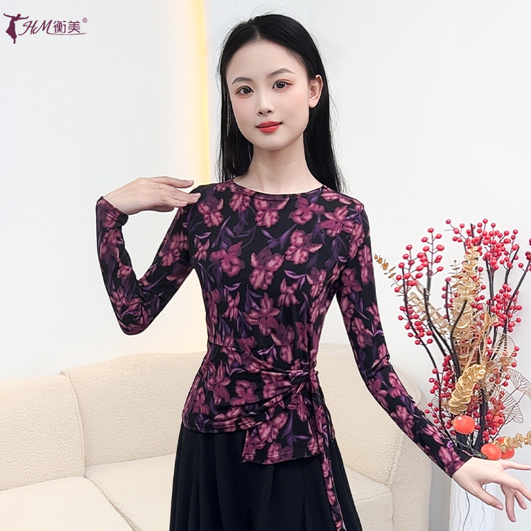 中国古典舞民族舞印花修身绑带显瘦长袖上衣成人现代舞练功服女秋