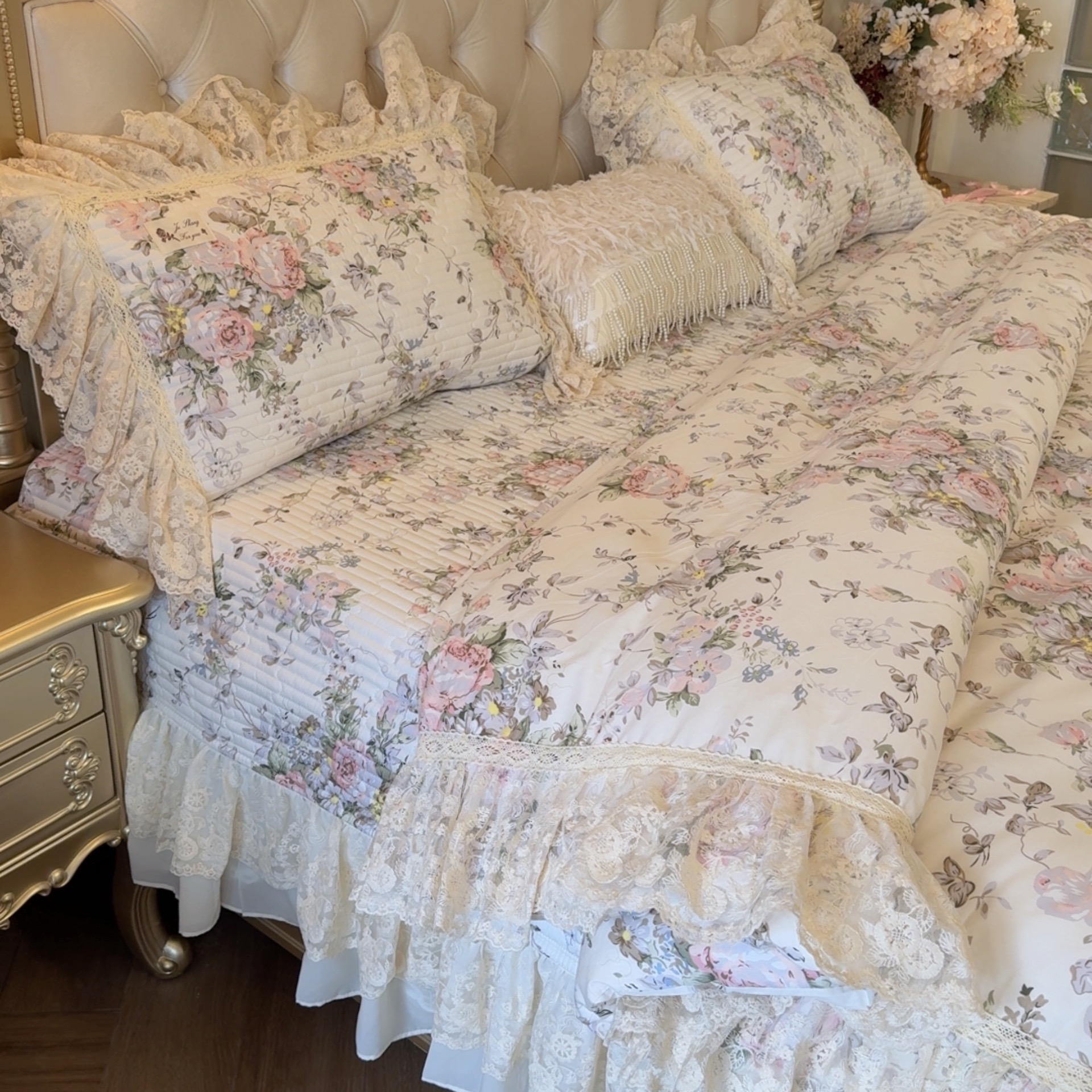 2025【若禾花在】法式浪漫全棉双层蕾丝花边床盖款四件套四季款