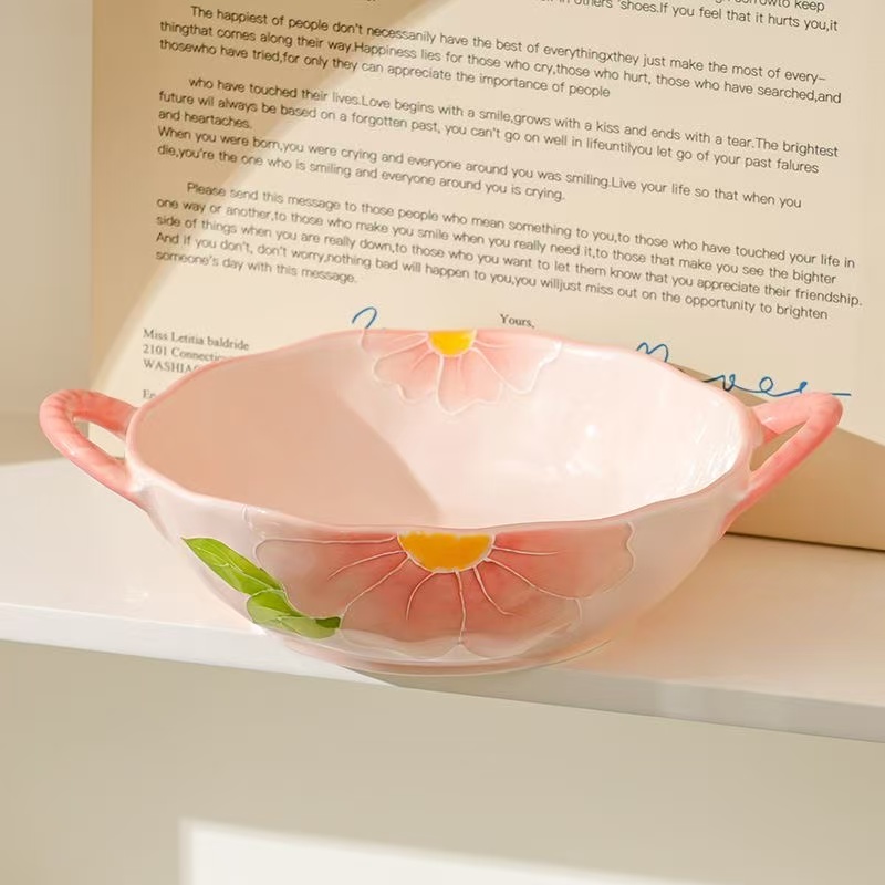 清晨物语9.5寸1碗1勺陶瓷双耳汤碗大面碗精致手绘浮雕高温釉下彩