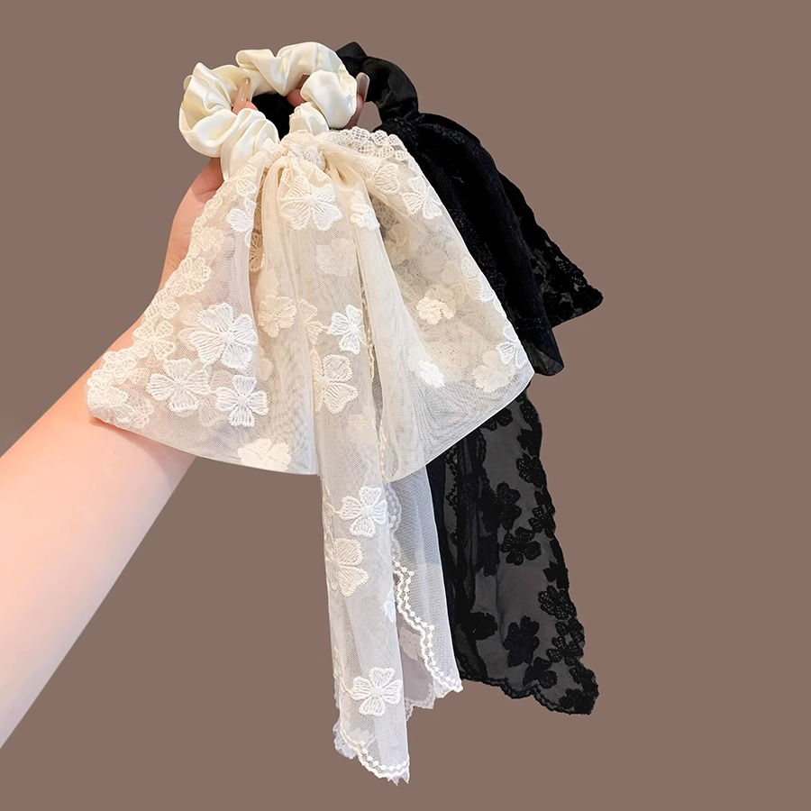 法式蕾丝刺绣花边飘带肥肠圈氛围感蝴蝶结扎低马尾发绳高级感发圈