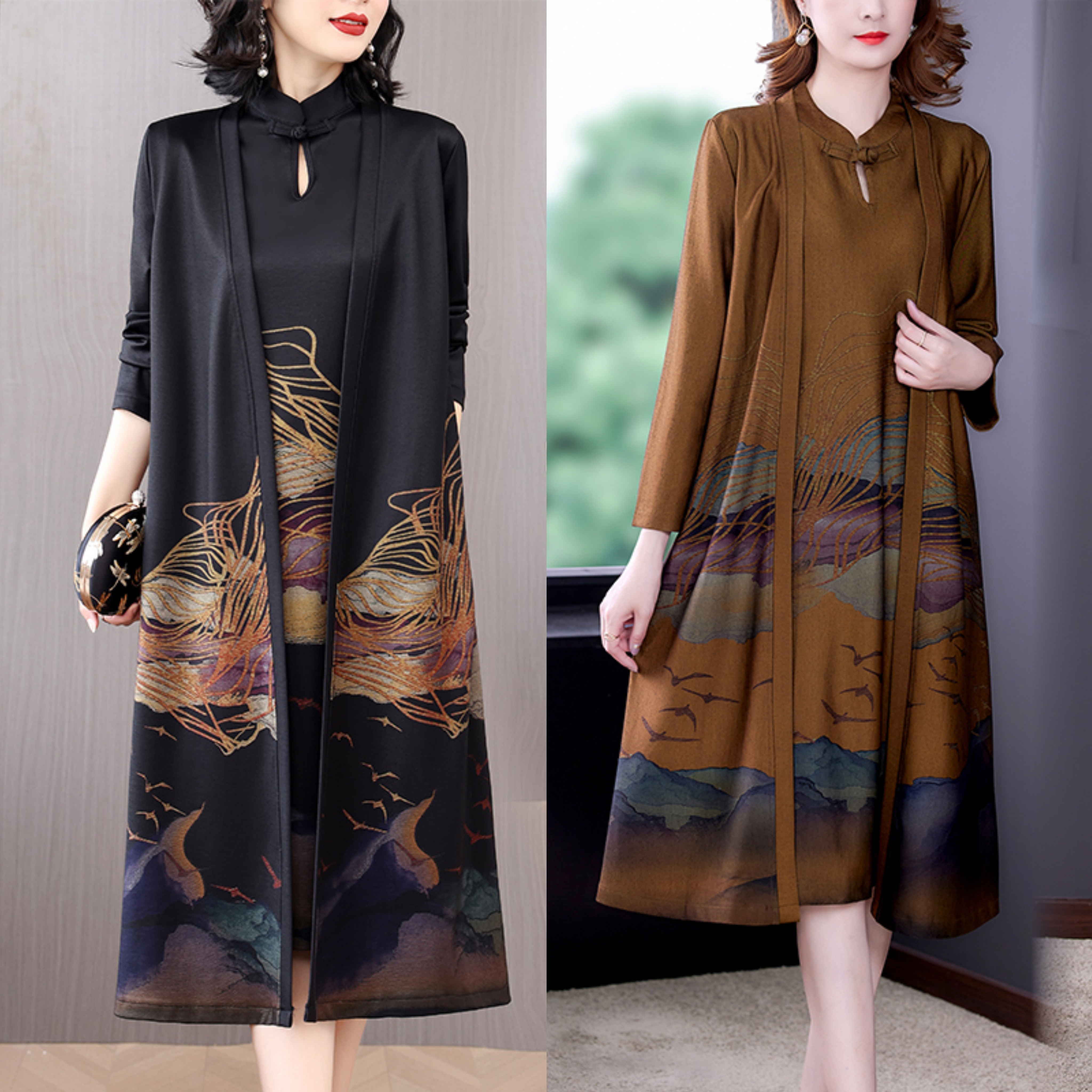 90~190斤二件套大码春秋复古中长款国风洋气显瘦妈妈装阔太太