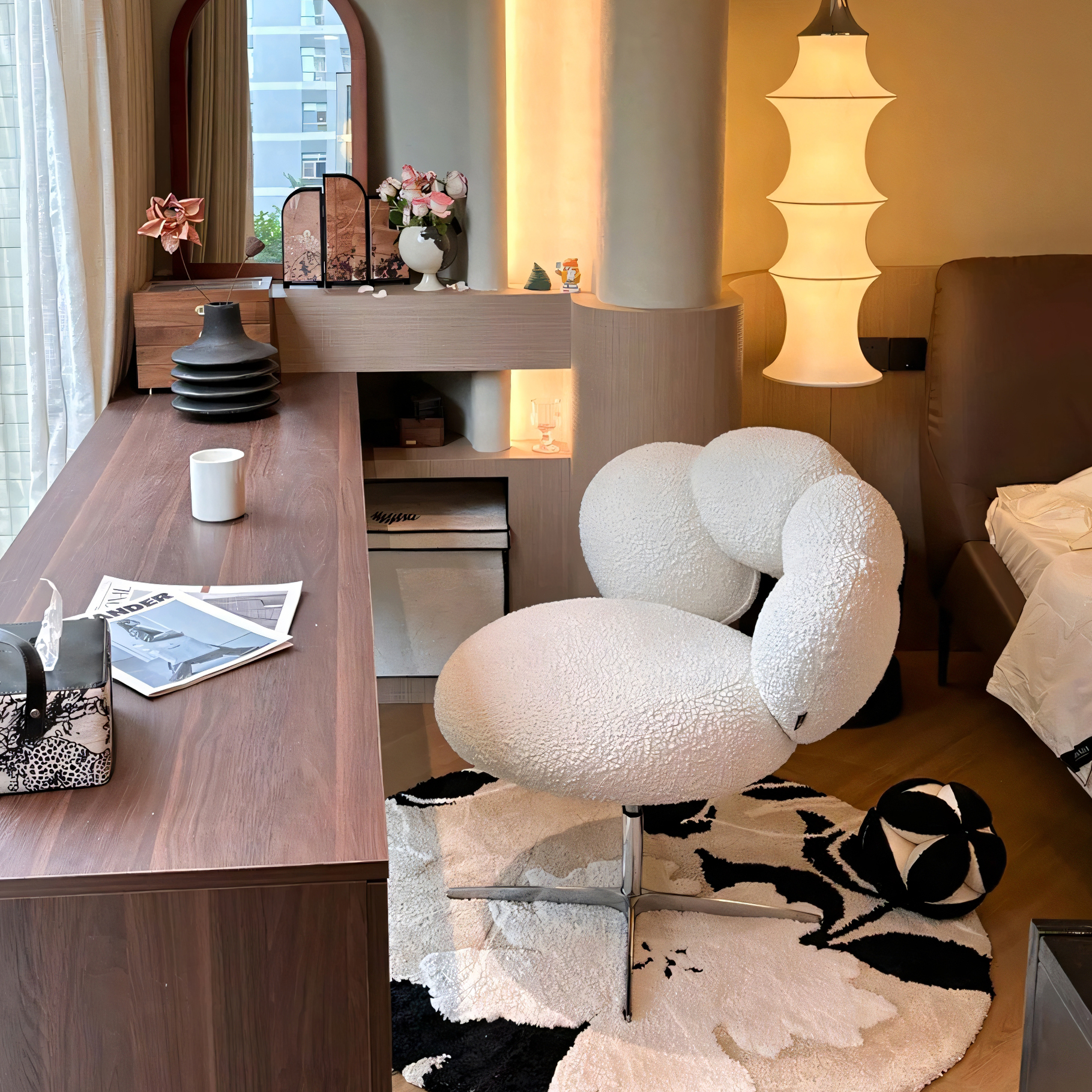 宜家宜品梳妆凳奶油风可旋转化妆椅子羊羔绒高级感卧室女生糖葫芦