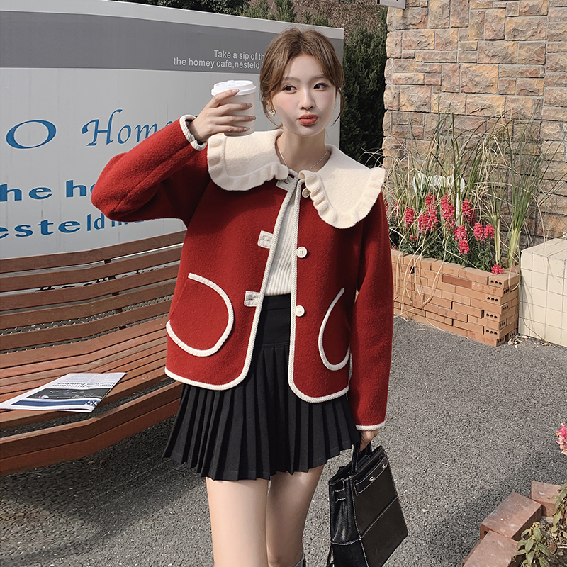 法式小香风娃娃领毛呢外套女2025冬季新款减龄俏皮小个子短上衣