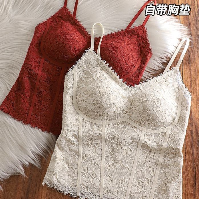 独特复古蕾丝吊带背心女一体内衣长款早秋内搭打底带胸垫免穿文胸