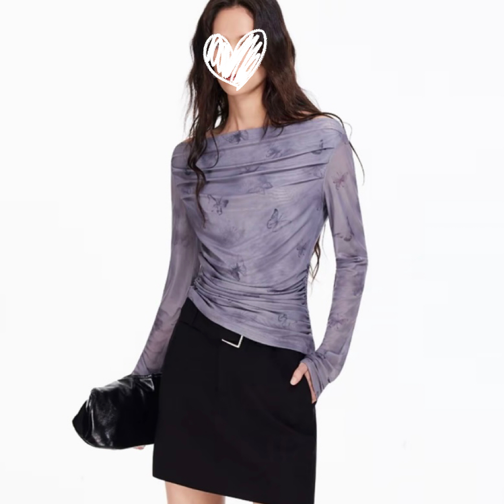 设计感洋气一字肩蝴蝶印花抽褶网纱上衣女2026春季款时尚百搭T恤