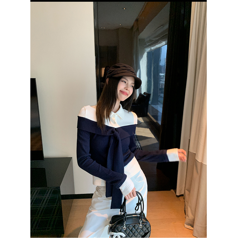 学院风拼接假两件长袖t恤女秋季韩系百搭polo领上衣高腰垂感裤子